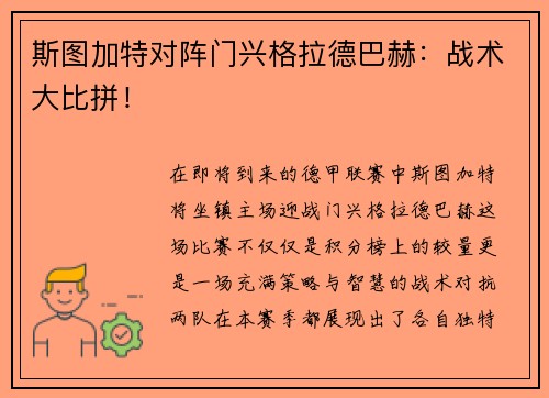 斯图加特对阵门兴格拉德巴赫：战术大比拼！