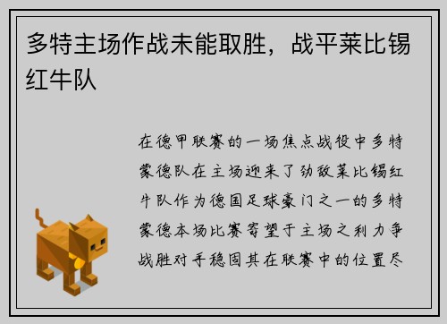 多特主场作战未能取胜，战平莱比锡红牛队